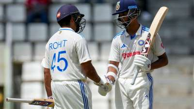 Rohit Sharma and Yashasvi Jaiswal during their record-breaking fastest 50-run partnership in Test match cricket.