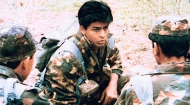 Shah Rukh Khan in his iconic role from Fauji (1989) with military imagery and 'Fauji Season 2