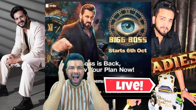 "Bigg Boss logo with a colorful background showcasing various seasons of the popular reality show."