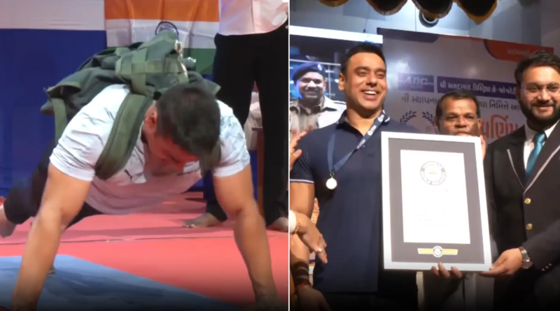 "Rohitash Choudhary breaking the world record by completing 704push-ups with a 37 kg weight, setting a new Guinness World Record in India."